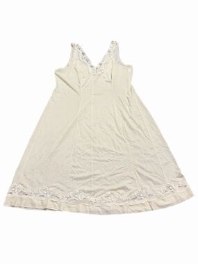 70s European Vintage Lace Trim Nylon Midi Slip Dress (Ivory/Cream) Size L/XL